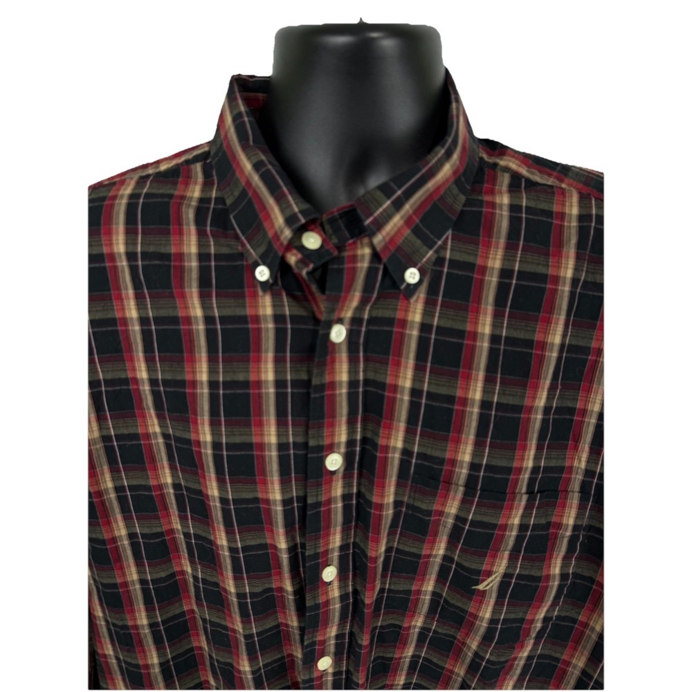 Nautica Shirt Men's XXL Button Down Black Red Cotton - Picture 2 of 6